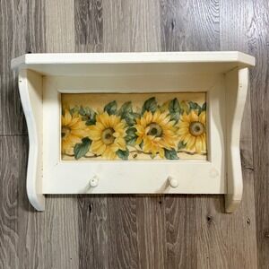 Sunflower Wood Wall Shelf Pegs Hooks Farmhouse Country Cottage 16.5x10.5 READ